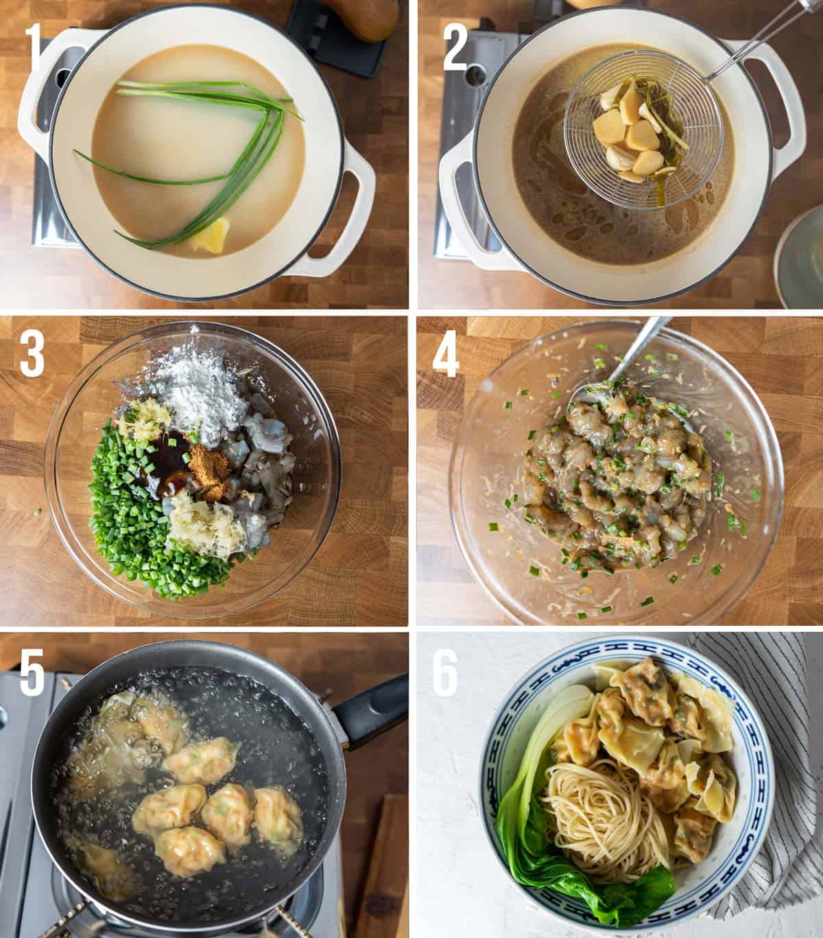 Steps on how to make wonton noodle soup.