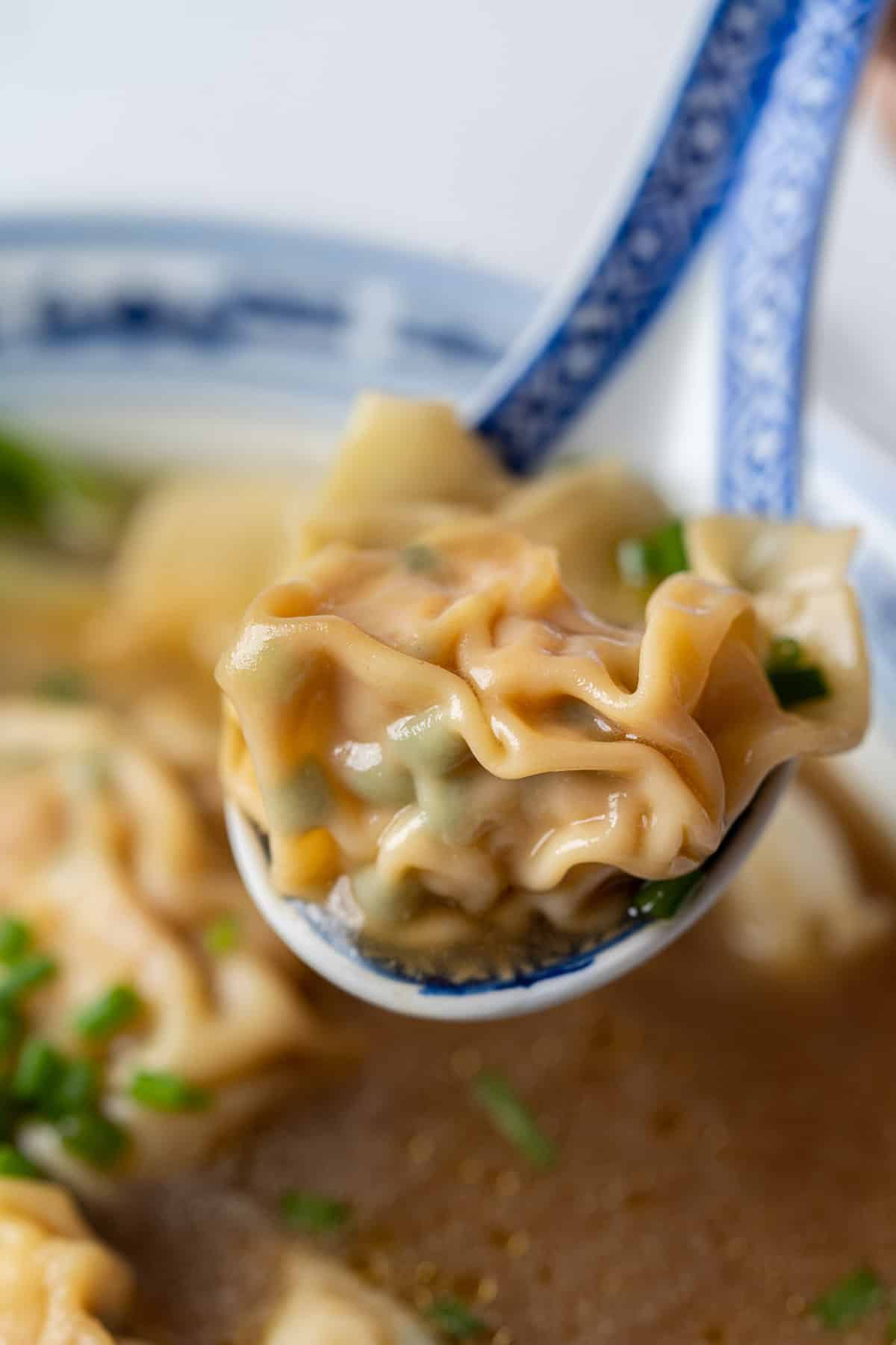 A wonton in a spoon.