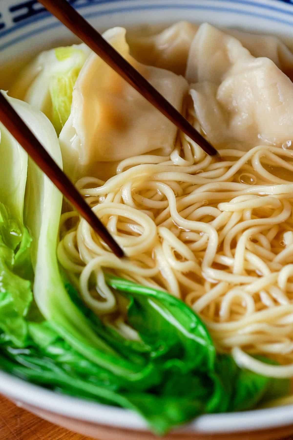 Wonton noodles in a bowl.