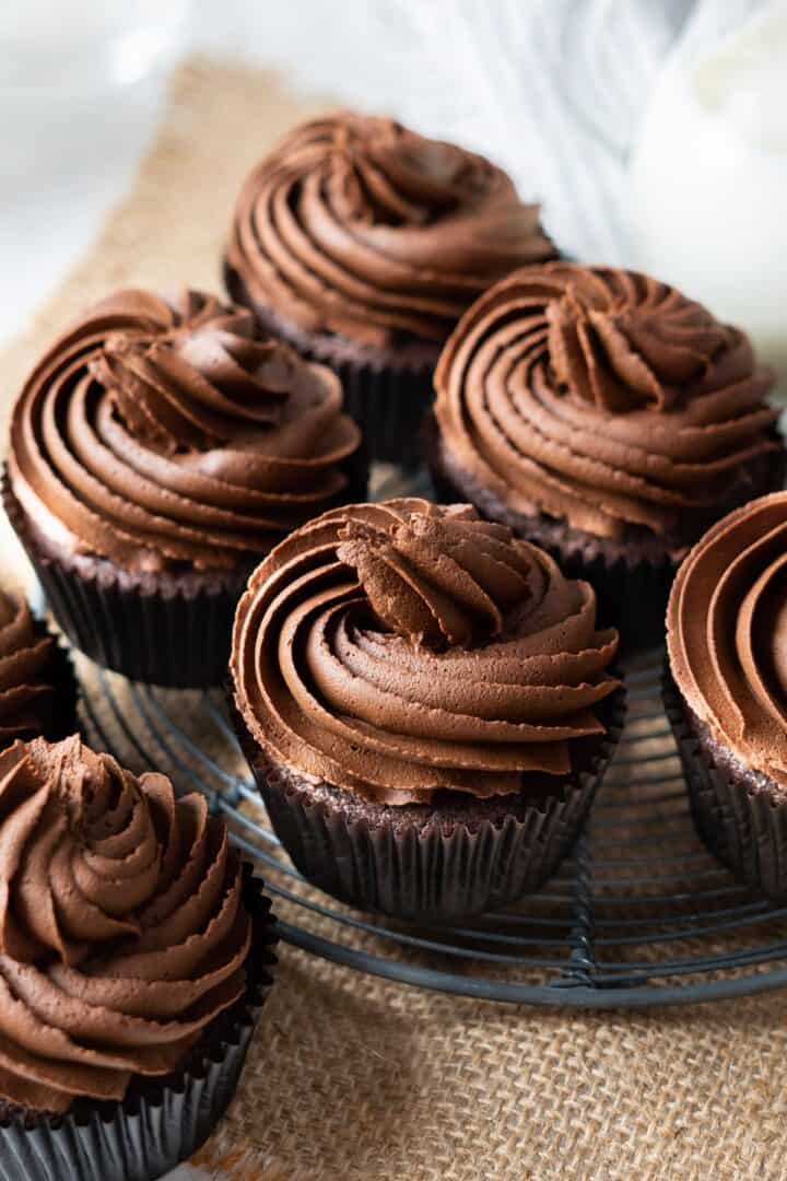 Healthy chocolate cupcakes on a cooling rack.