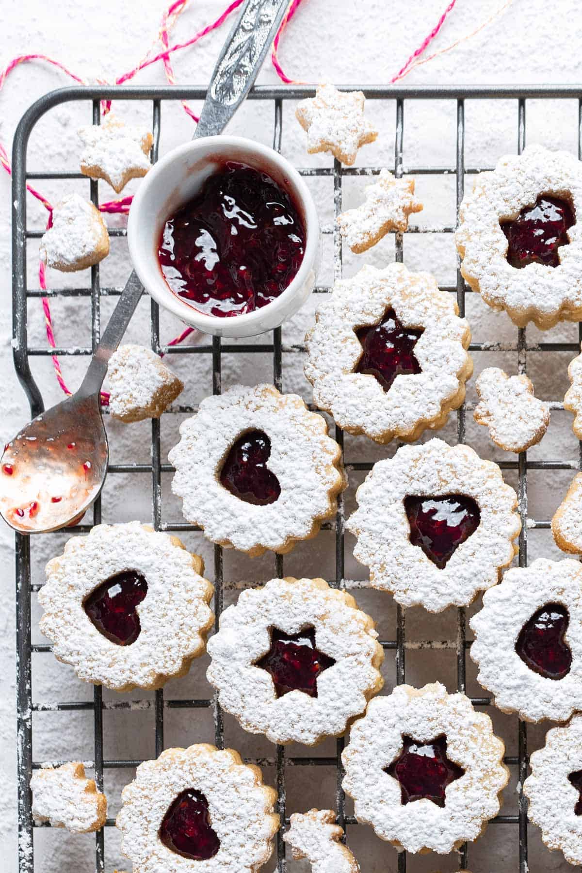 Healthy Linzer cookies on a cooling rack view from top.
