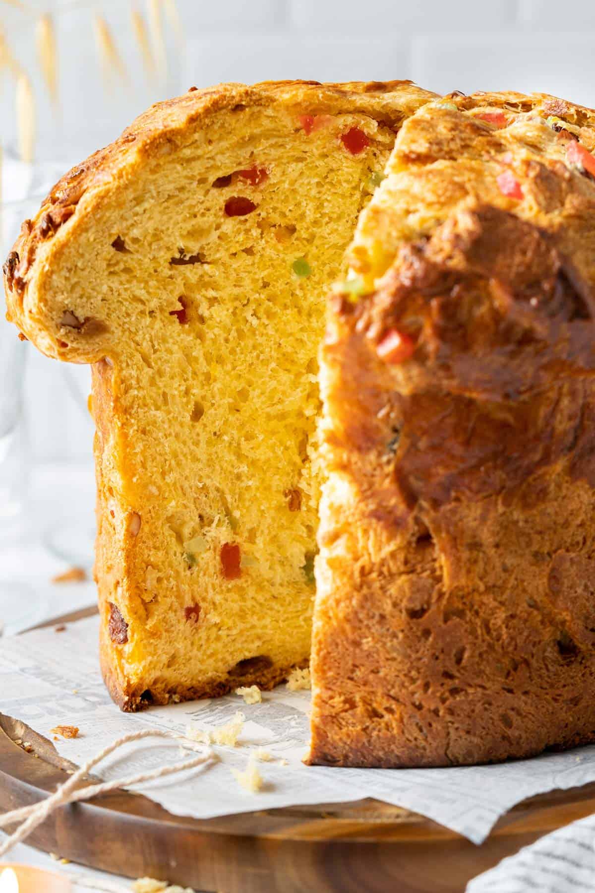 Showing the inside textured of a sliced panettone.