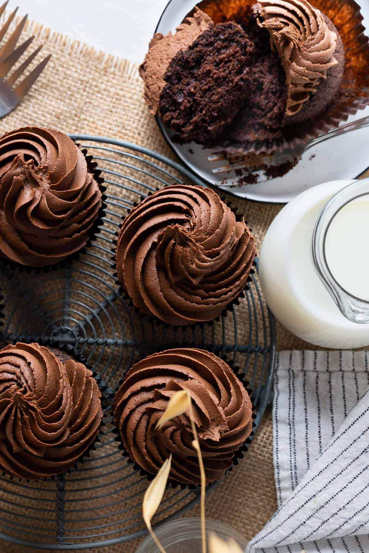 Some healthy chocolate cupcakes on a cooling rack view from top.