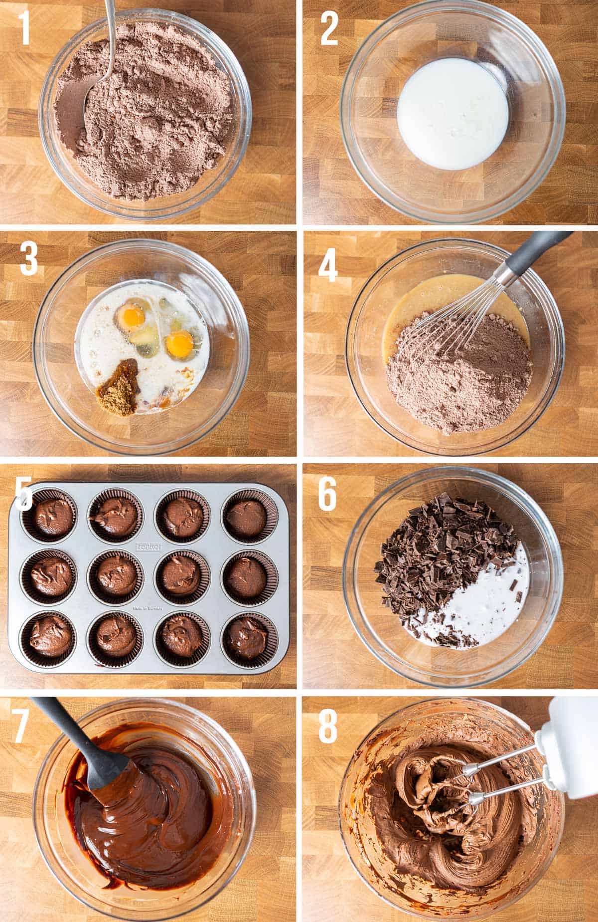 Step photos on how to make healthy chocolate cupcakes.