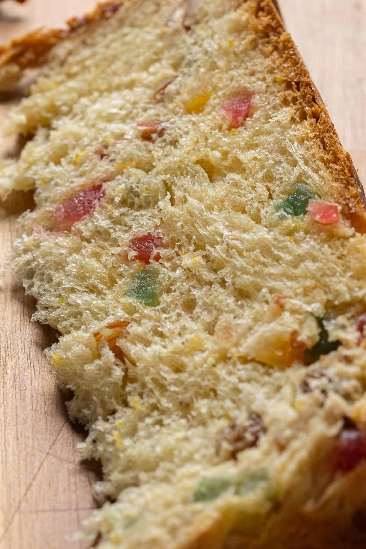 Close up texture of a sliced panettone.