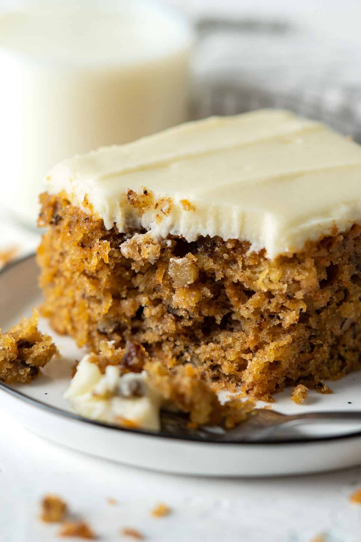 Close up texture of a sliced cake on a plate.