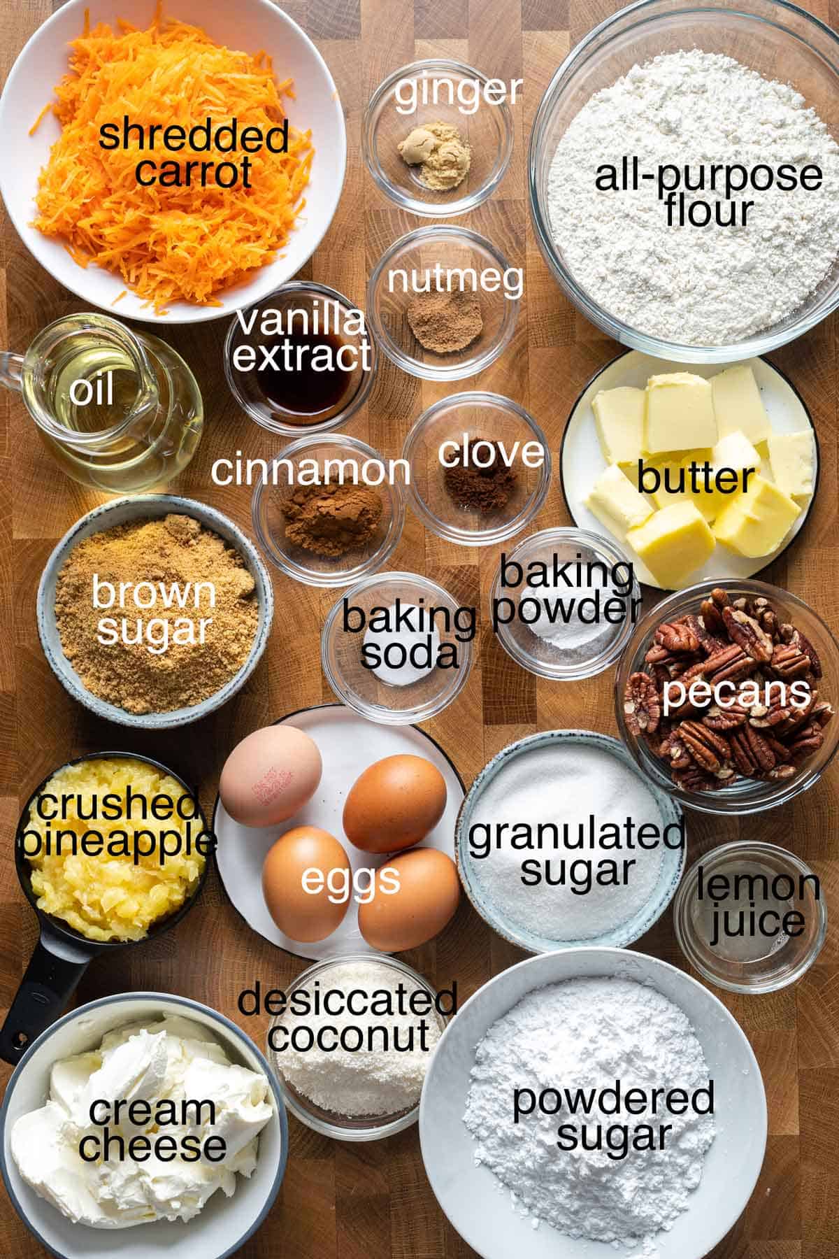 Ingredients to make carrot cake with pineapple.