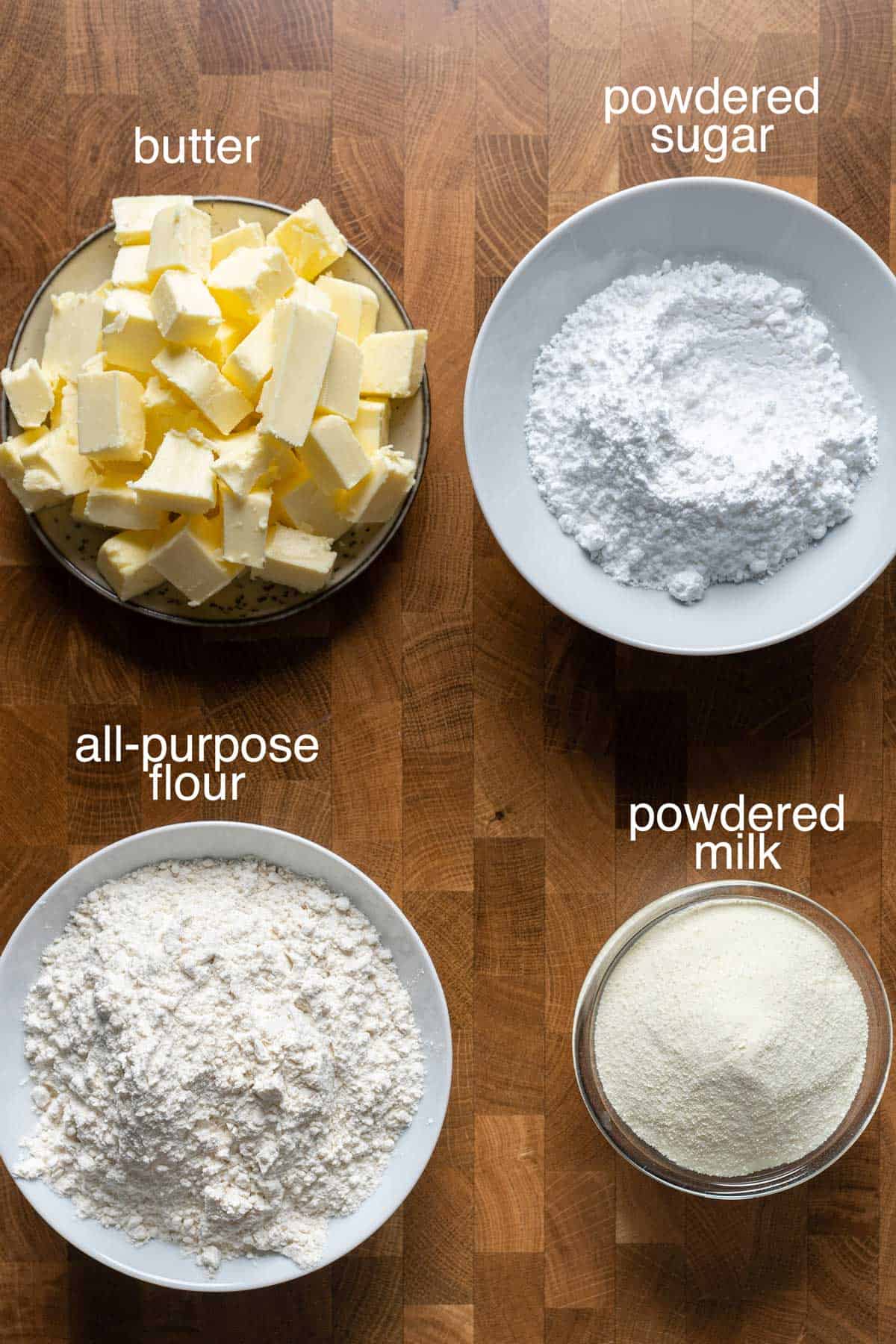Ingredients to make snowball cookies.