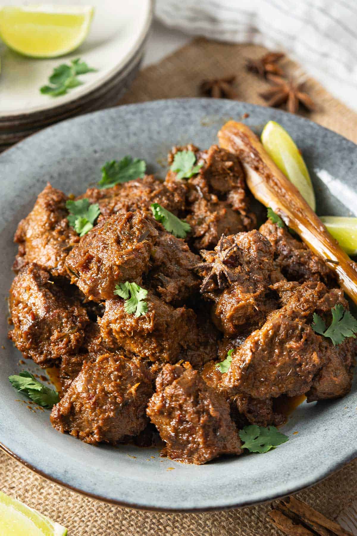 A plate of beef rendang.
