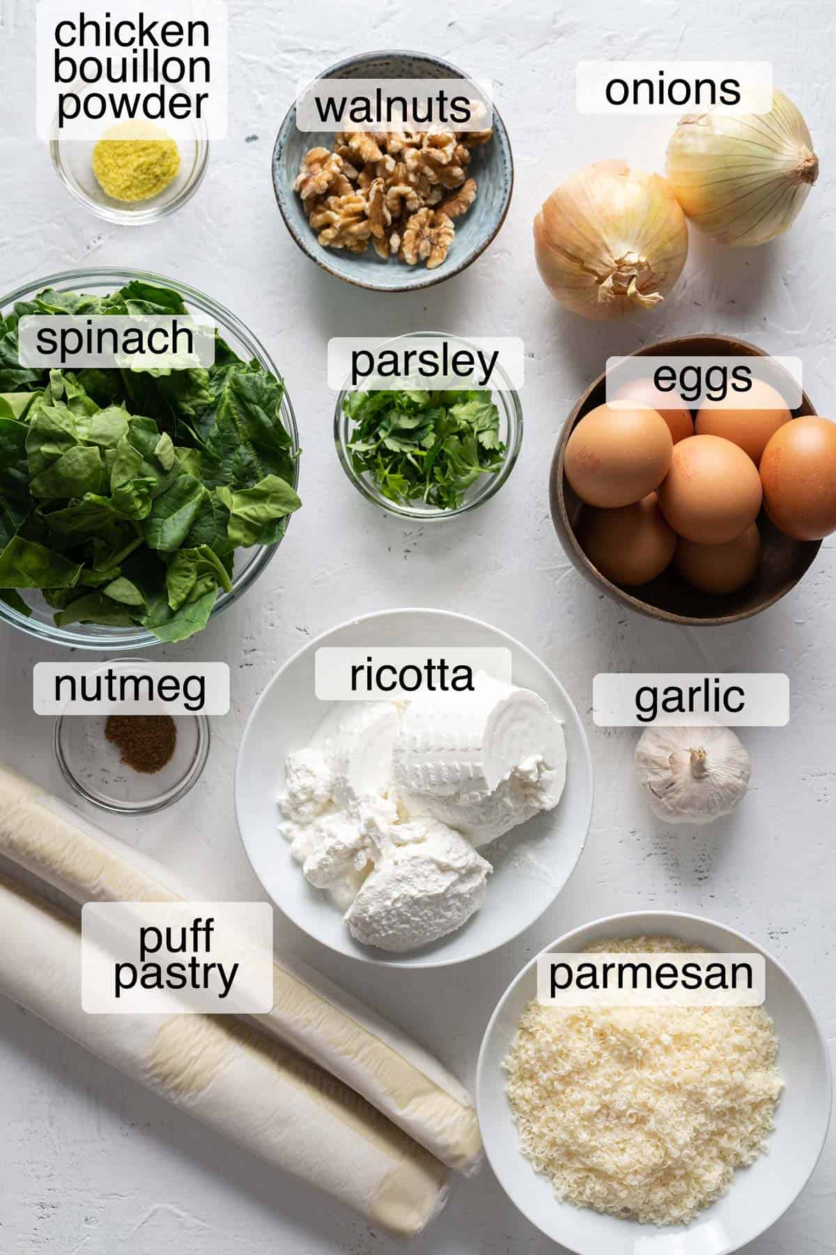 Ingredients to make spinach ricotta pie.