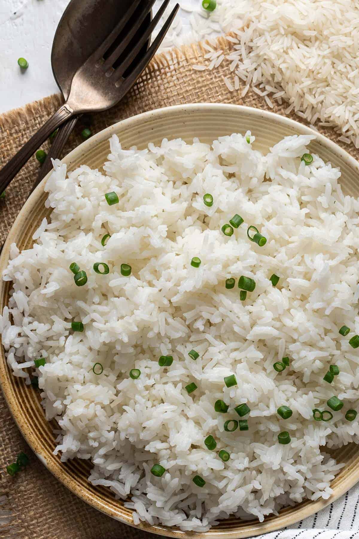 A plate of cooked jasmine rice.