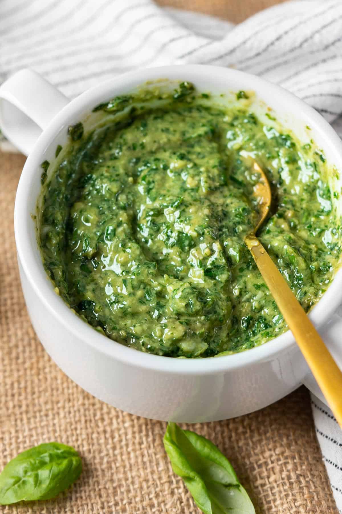 A bowl of walnut basil pesto.