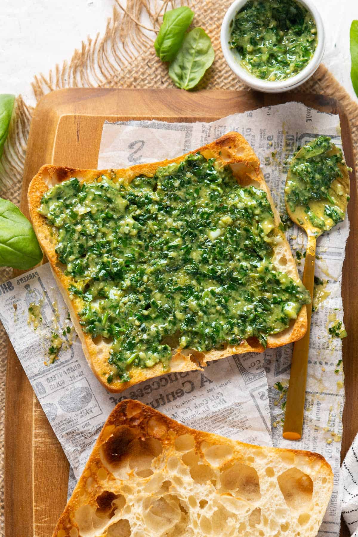 A toast with some walnut basil pesto.