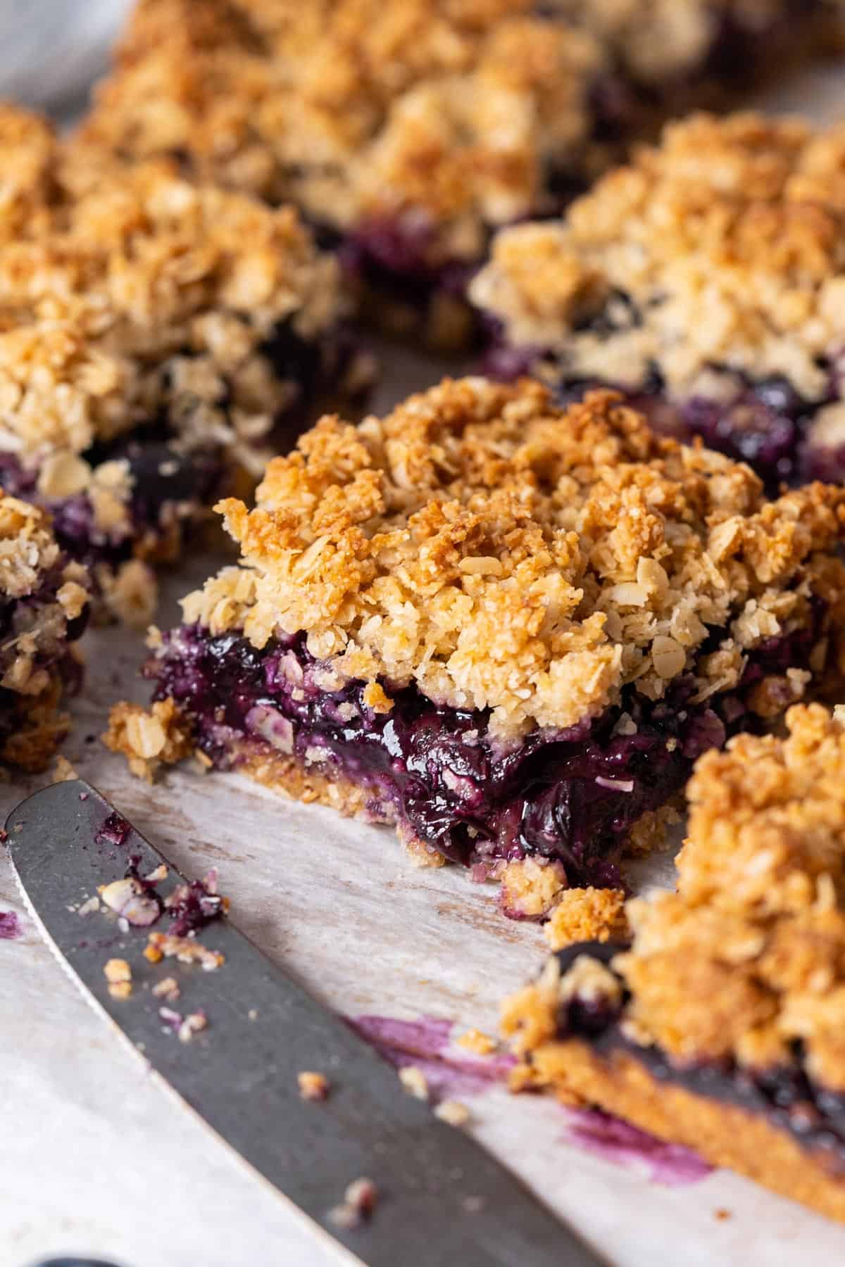 Close-up of sliced blueberry bars.