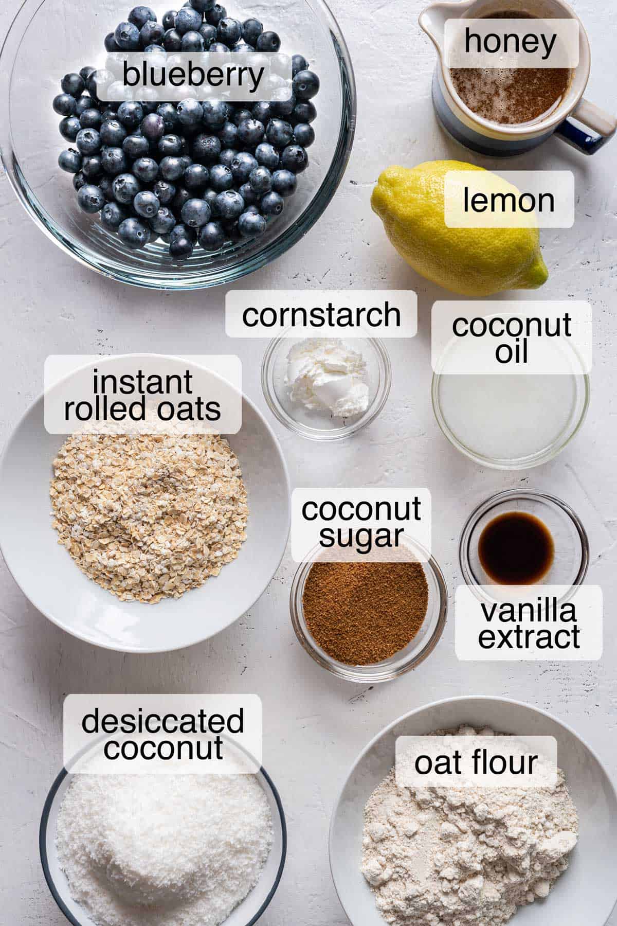 Ingredients to make healthy blueberry crumb oats.