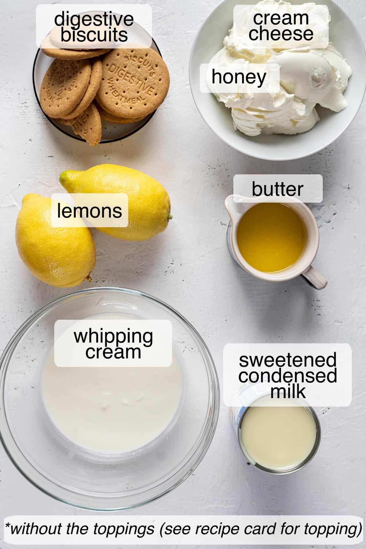 Ingredients to make lemon cheesecake.