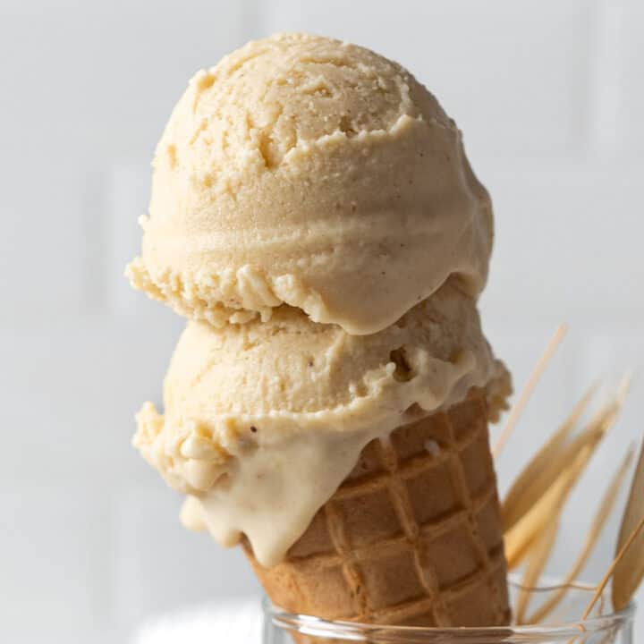Hazelnut ice cream on a cone.