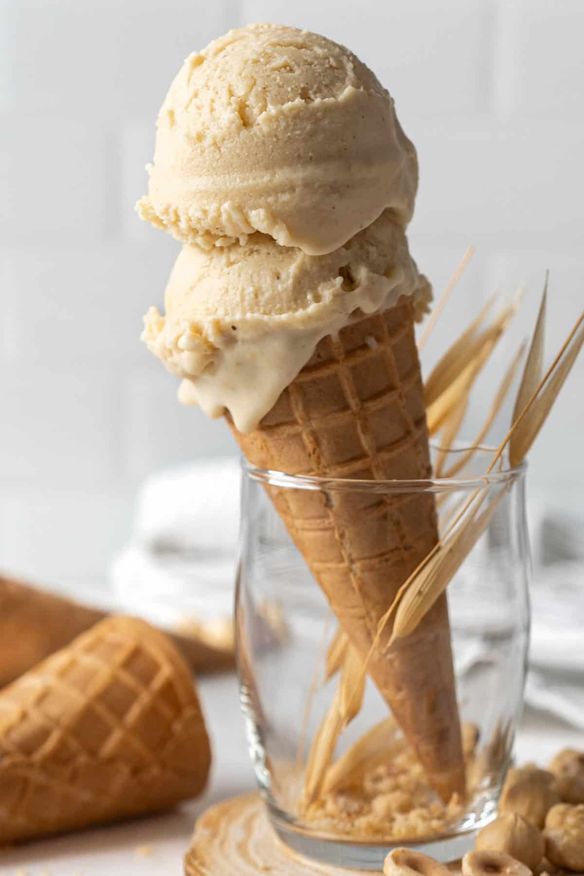 Ice cream in a cone in a glass.