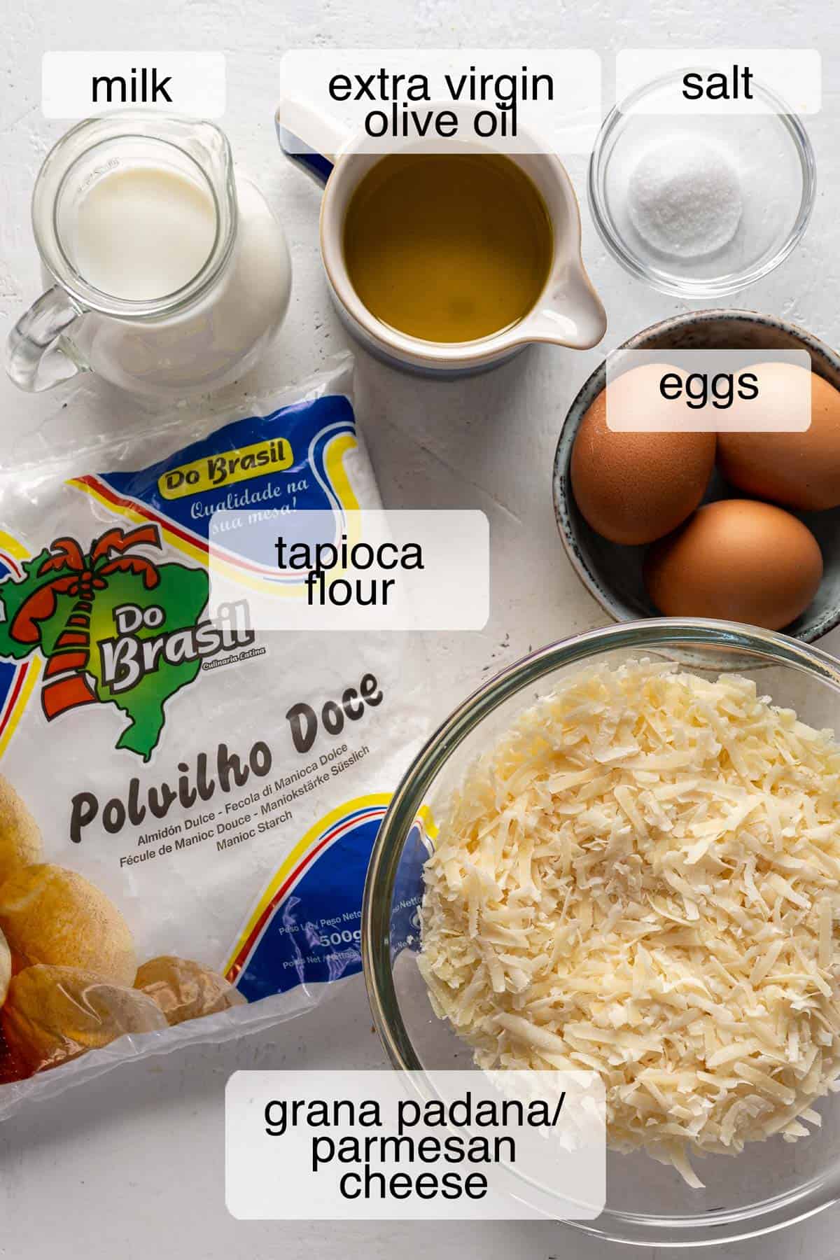 Ingredients to make Brazilian cheese bread.