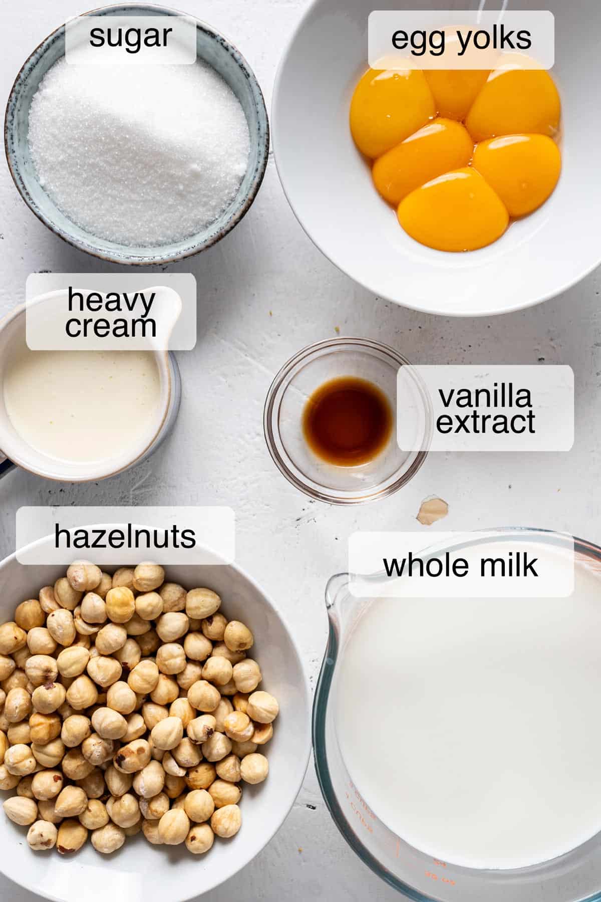 Ingredients to make hazelnut ice cream.