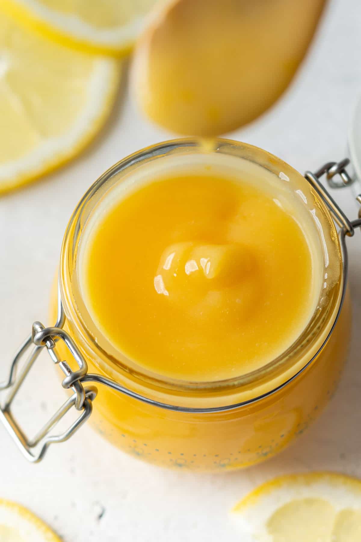 Lemon curd in a small jar.