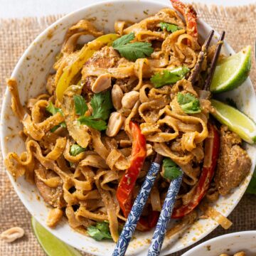 A bowl of peanut butter stir-fry noodles.