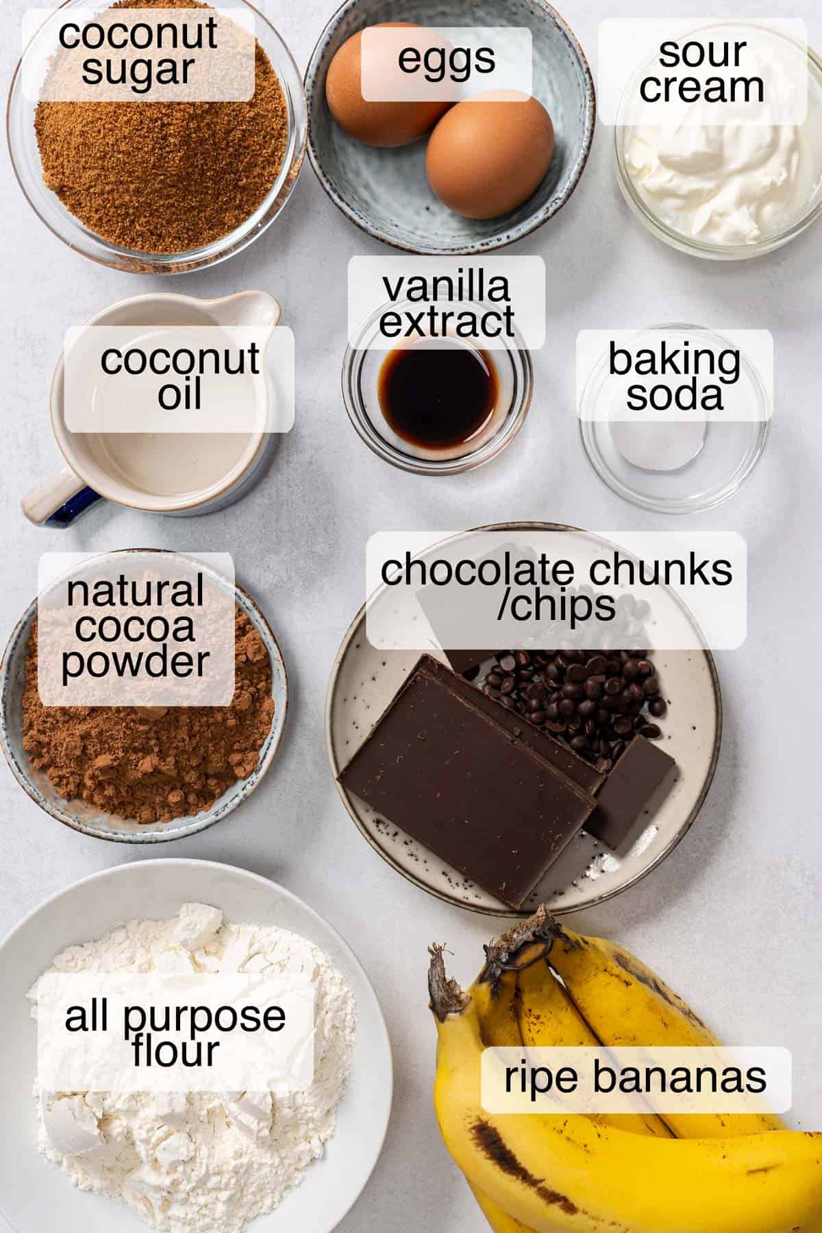 Ingredients to make double chocolate banana bread.