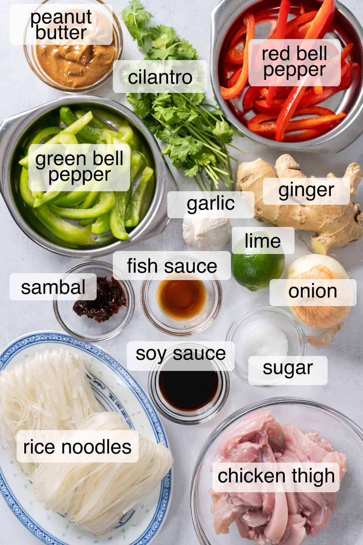 Ingredients to make peanut sauce stir-fry noodles.