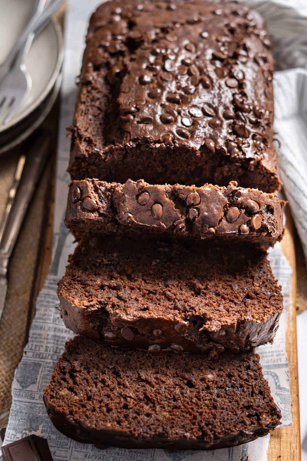 Sliced chocolate banana bread.