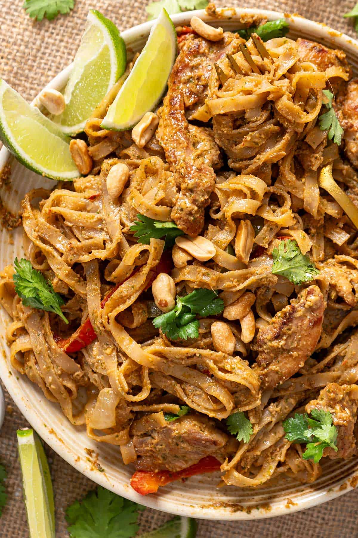 Stir-fry noodles with peanut sauce in a plate.