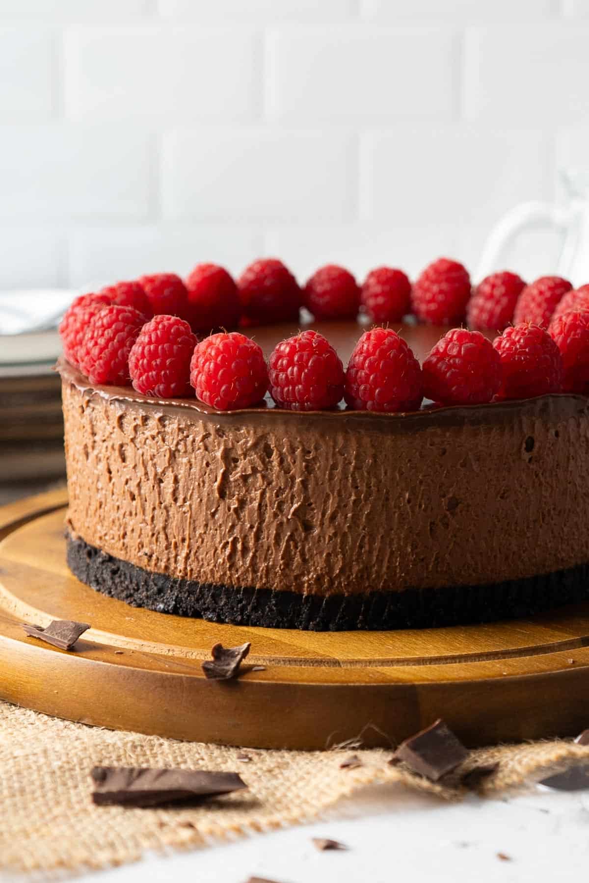 A side look for a chocolate cheesecake.