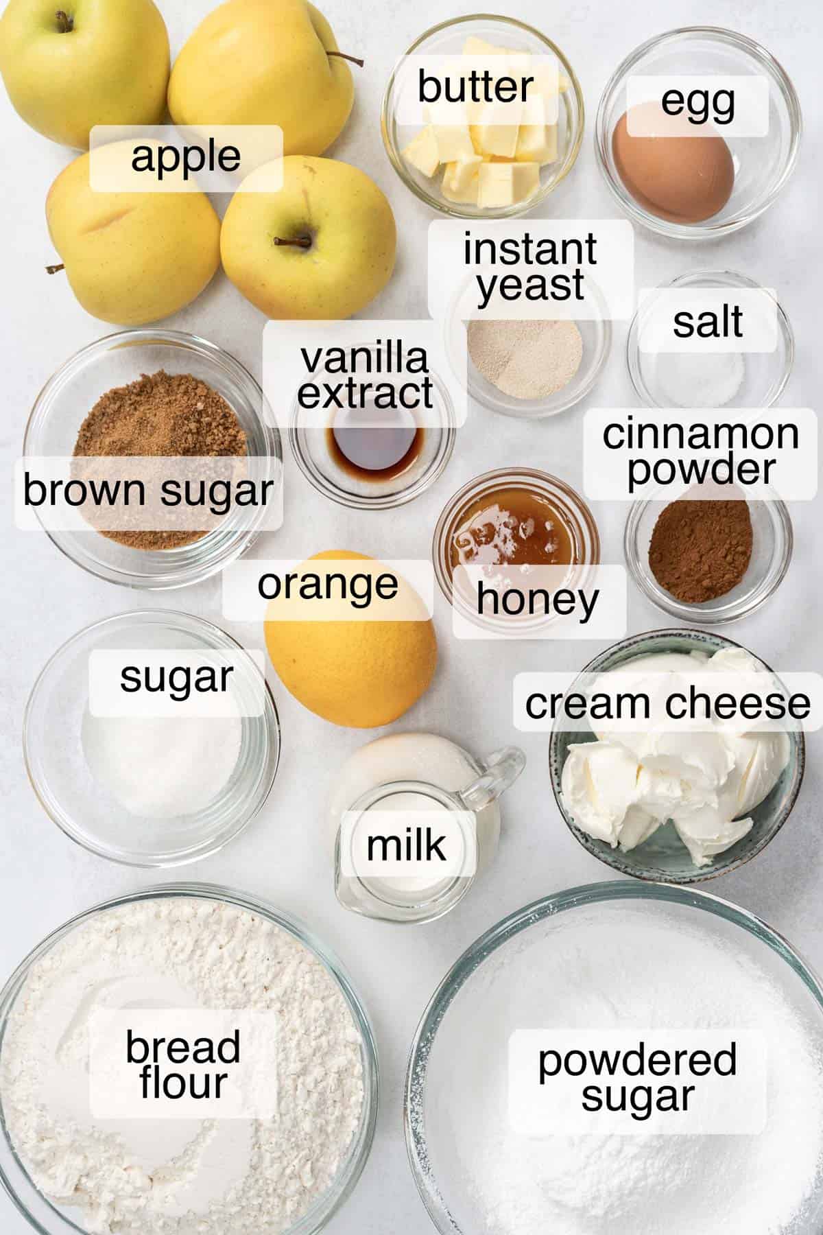 Ingredients to make apple cinnamon rolls.