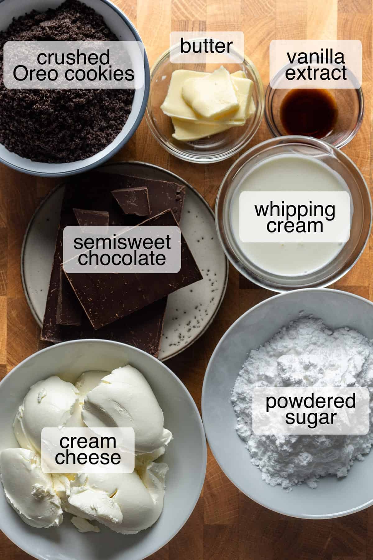 Ingredients to make the best no-bake chocolate cheesecake.