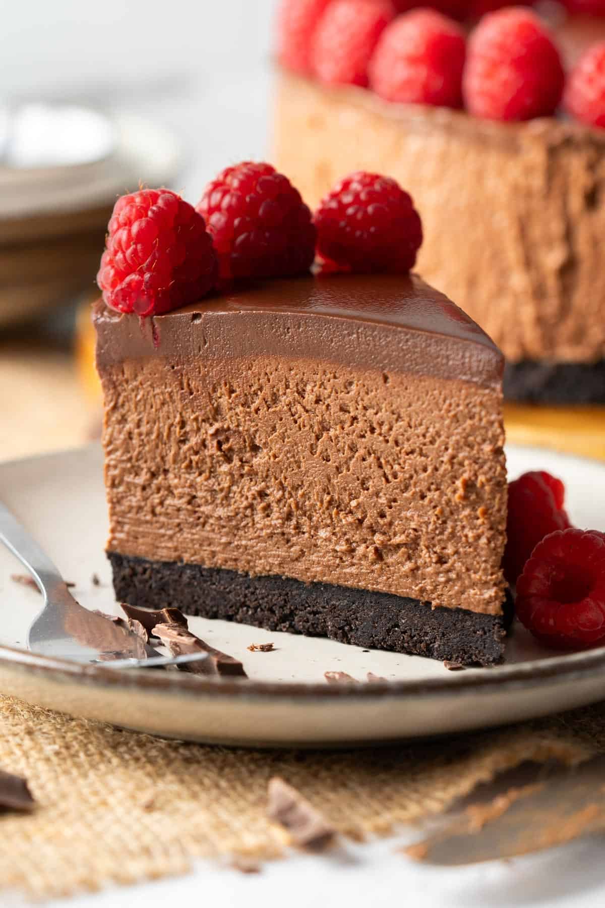 Once slice of the best no-bake chocolate cheesecake.