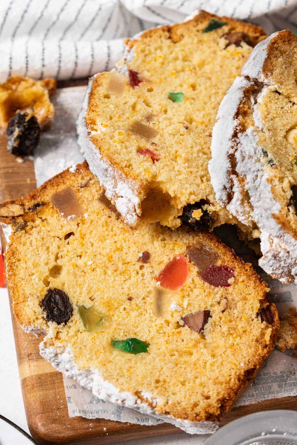 Close up texture of sliced fruitcake.