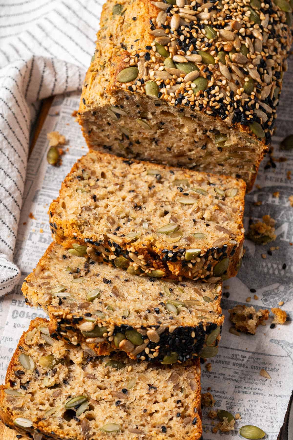 Slices of no-knead multi-seed bread.