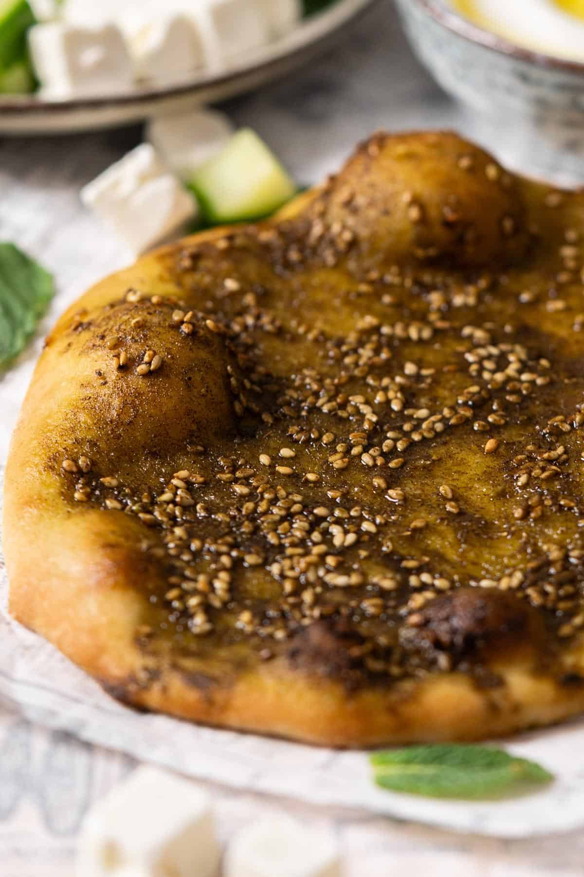 Close-up of one Lebanese flatbread.