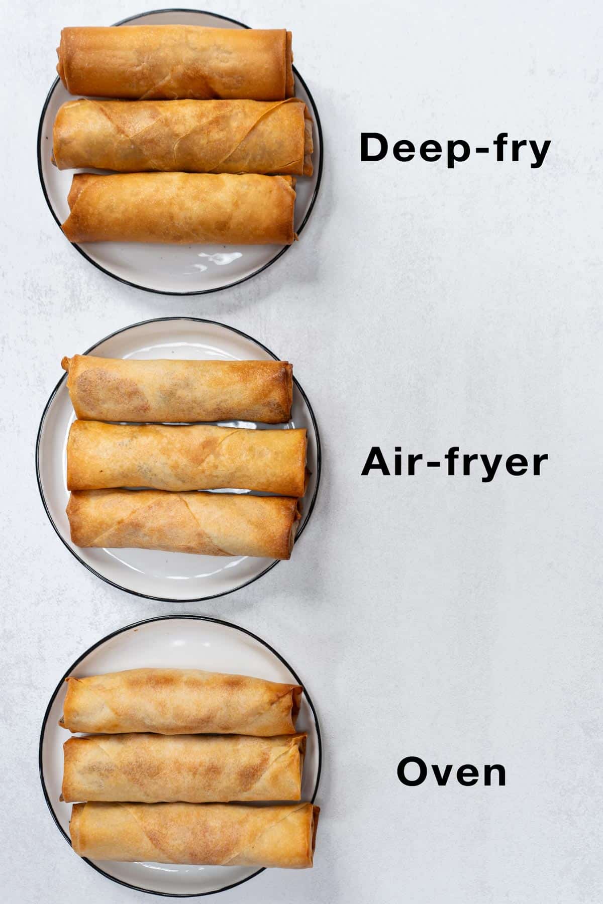 Different ways to cook spring rolls.