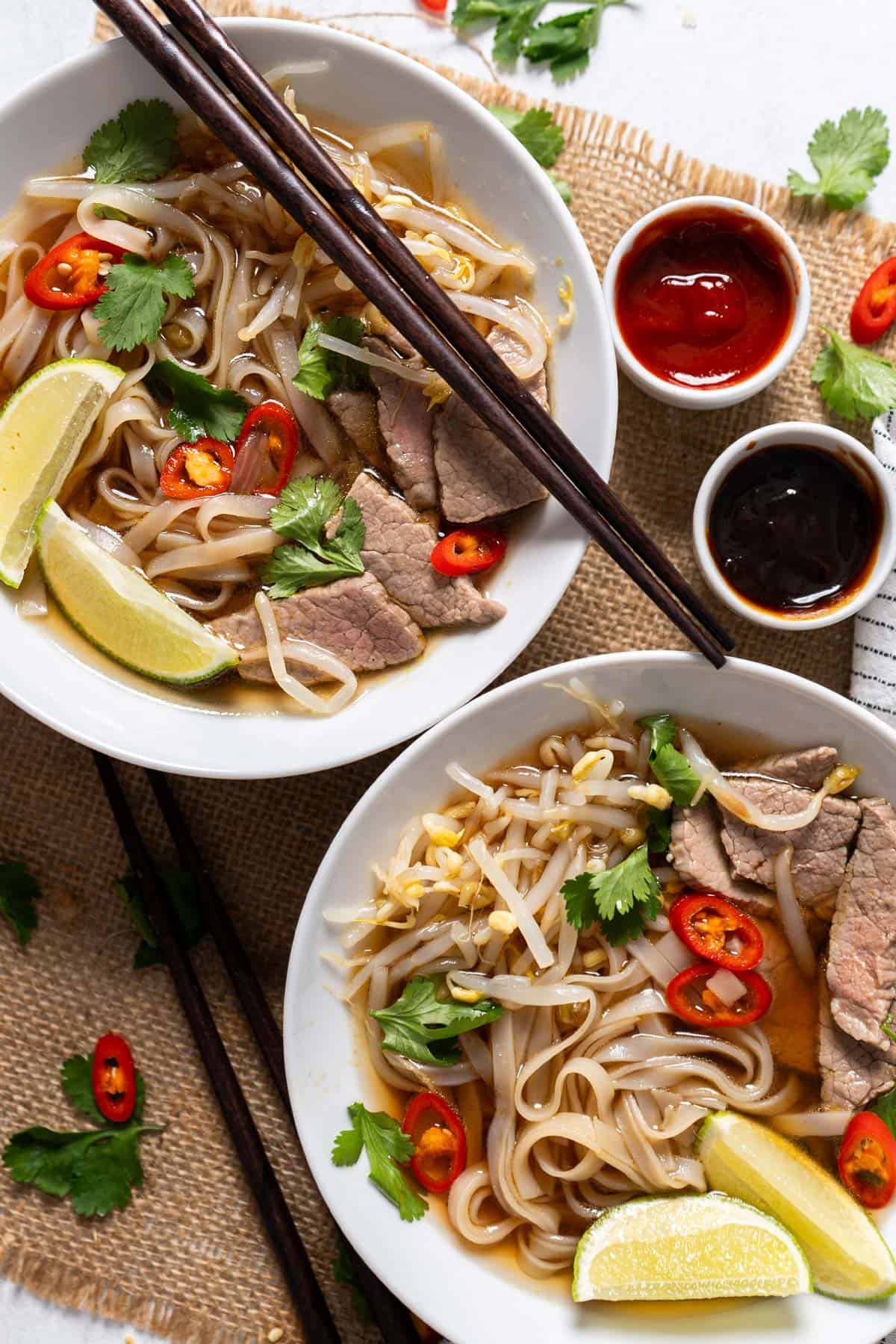 Easy beef pho served in two small bowls.