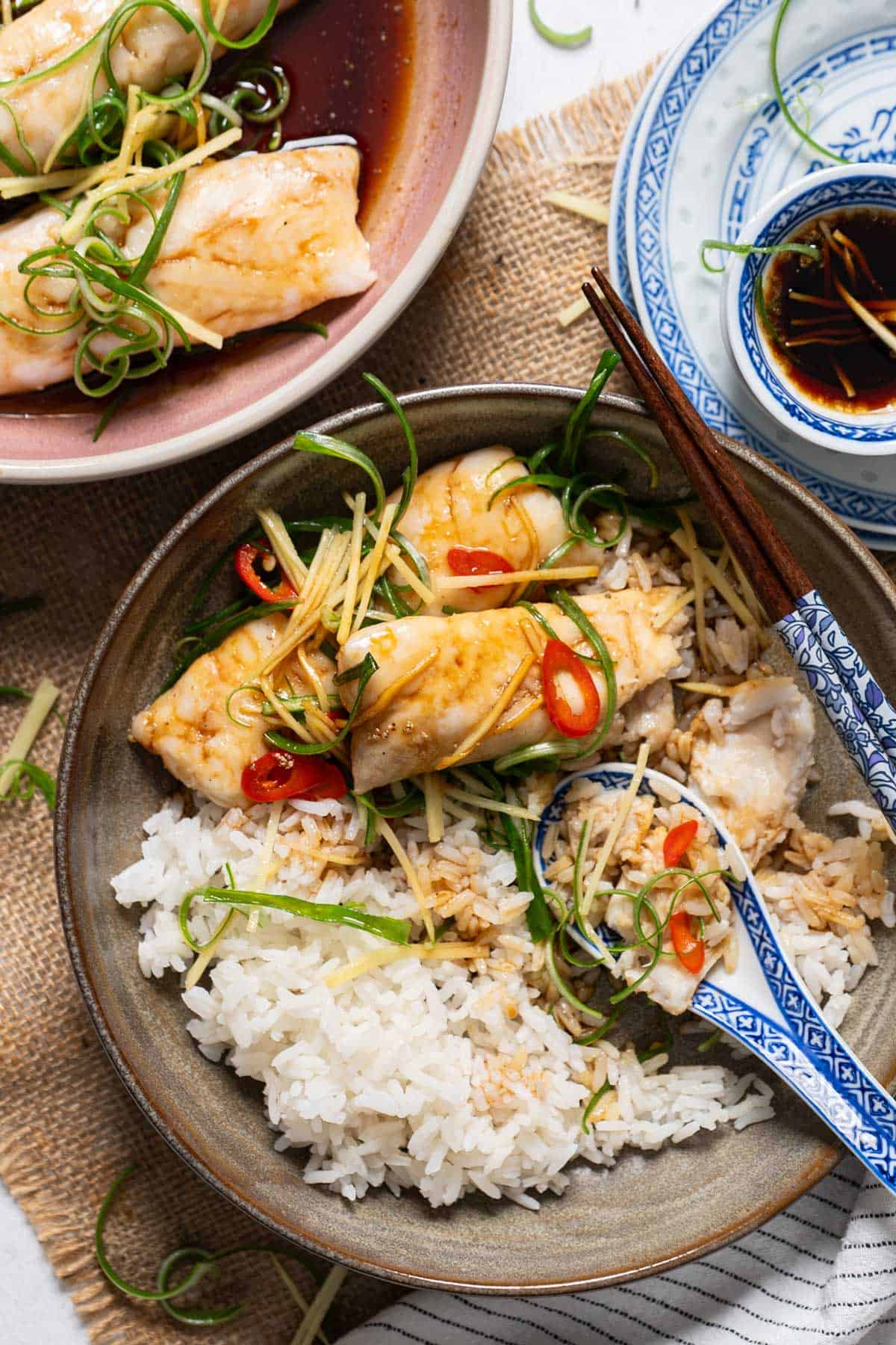 Ginger steamed fish with some rice.