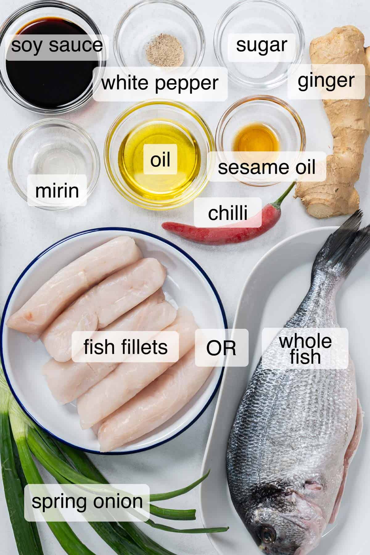 Ingredients to make Chinese steamed fish.