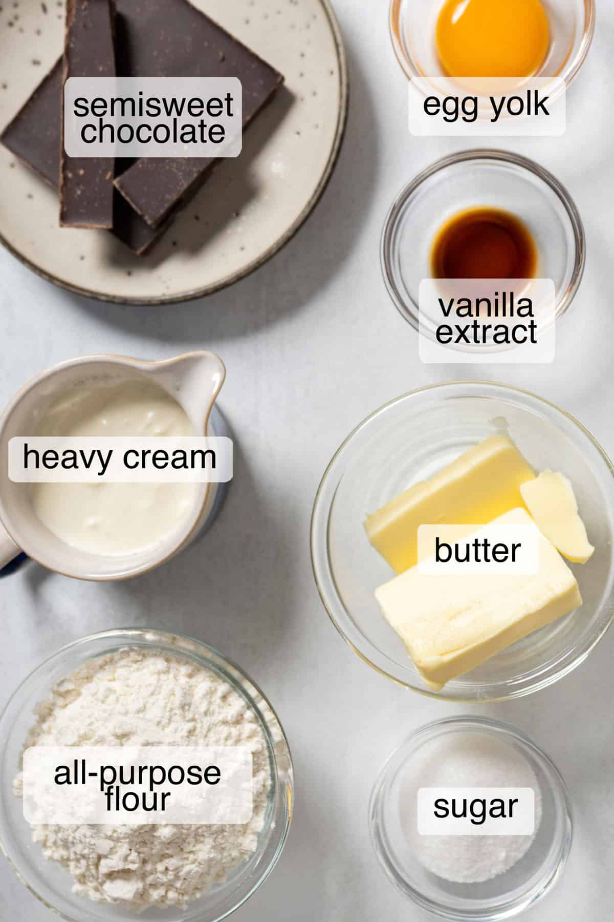 Ingredients to make mini salted chocolate tarts.