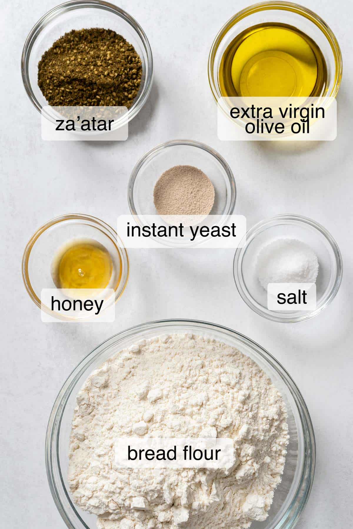 Ingredients to make Lebanese flatbreads or Manoush zaatar.
