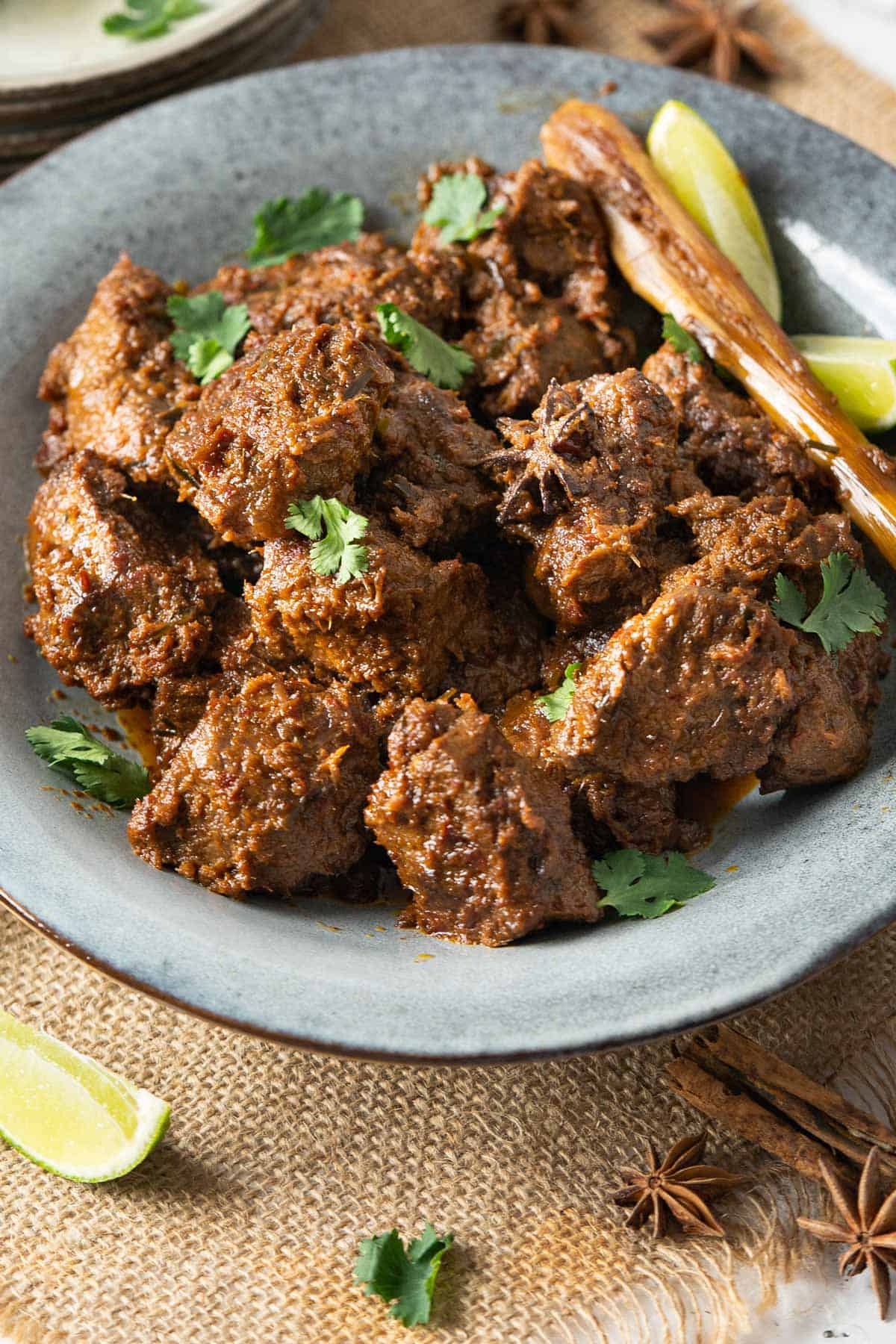 A bowl of beef rendang.