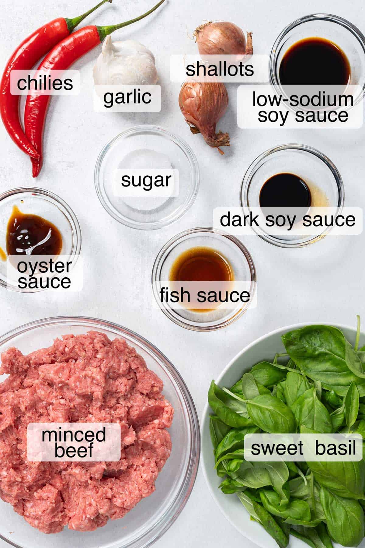 Ingredients to make basil stir fry.