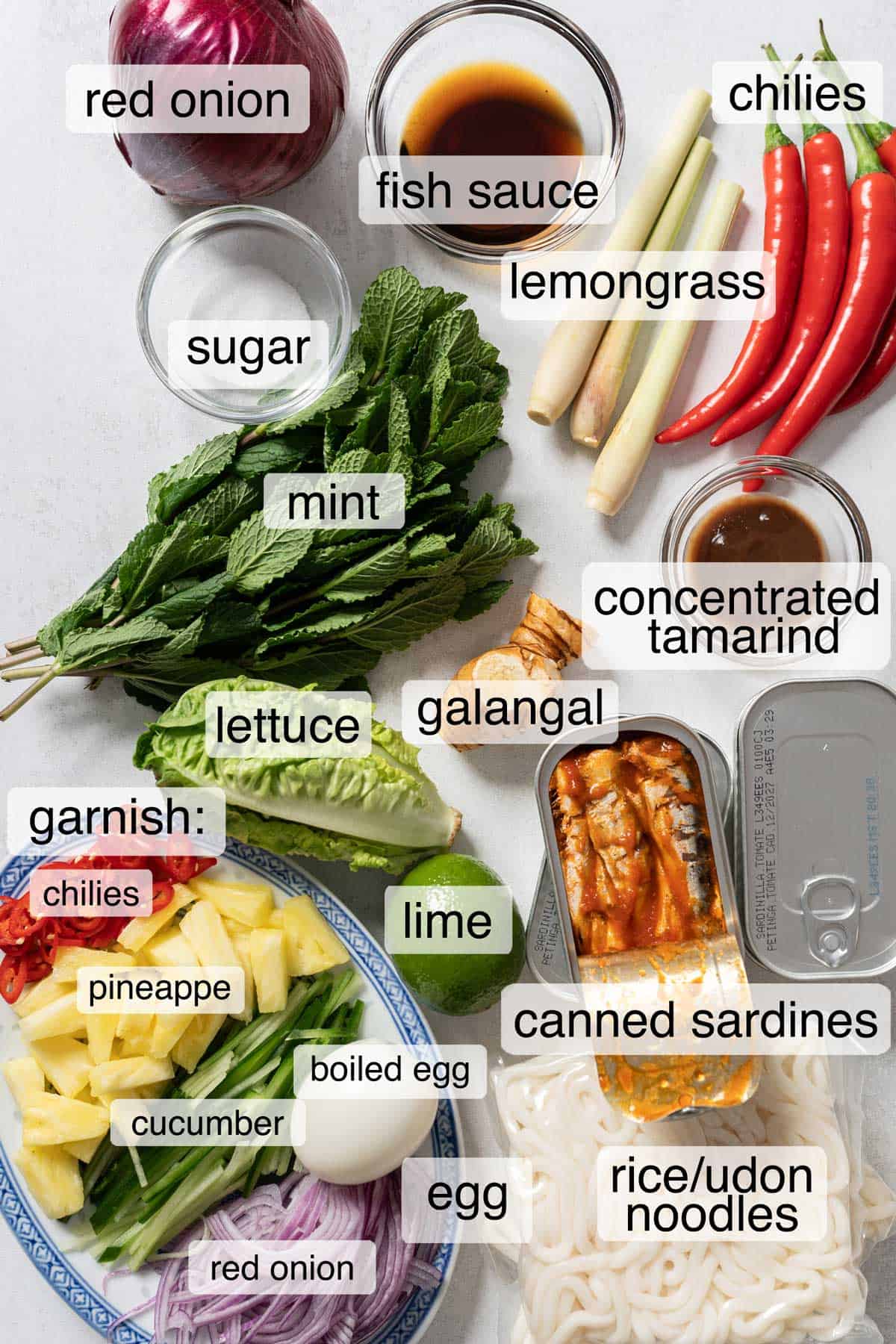 Ingredients to make quick asam laksa.