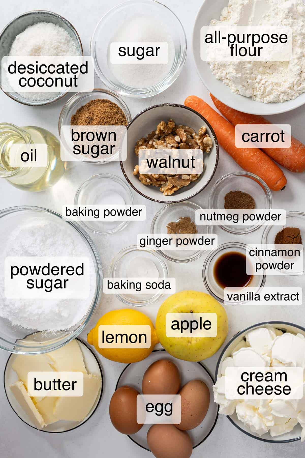 Ingredients to make the best carrot cake.