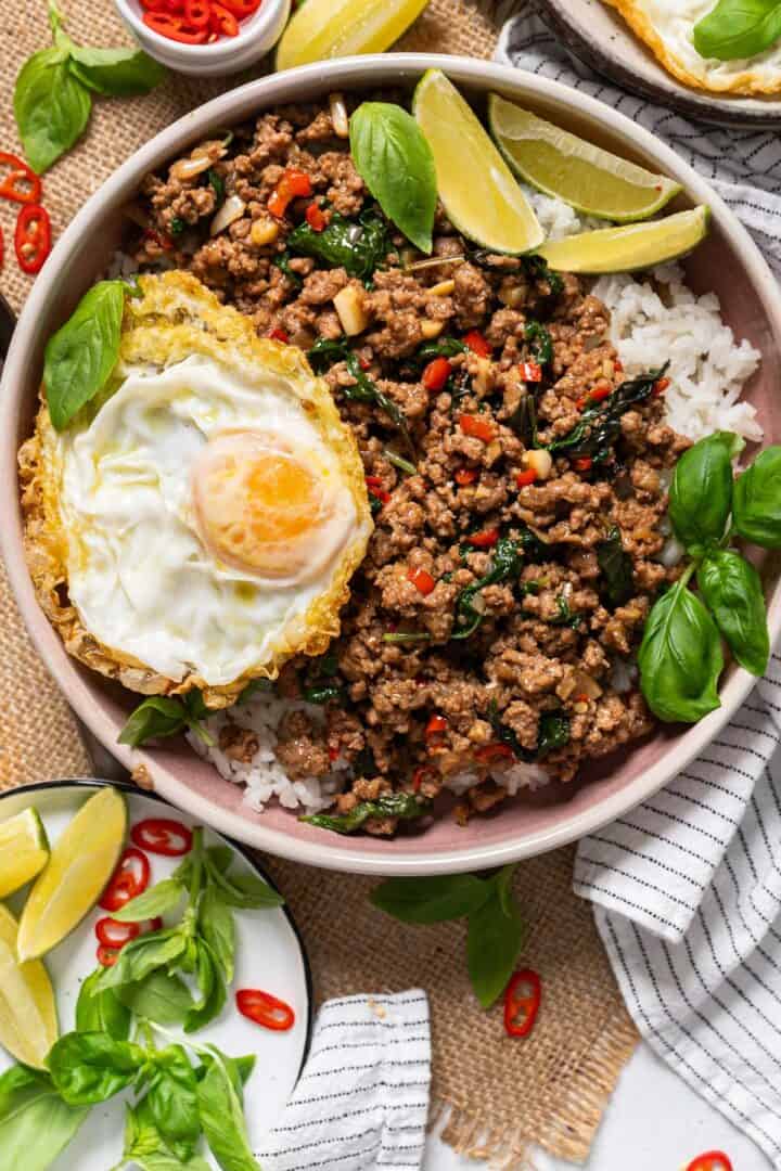 Thai basil beef in a plate with rice.