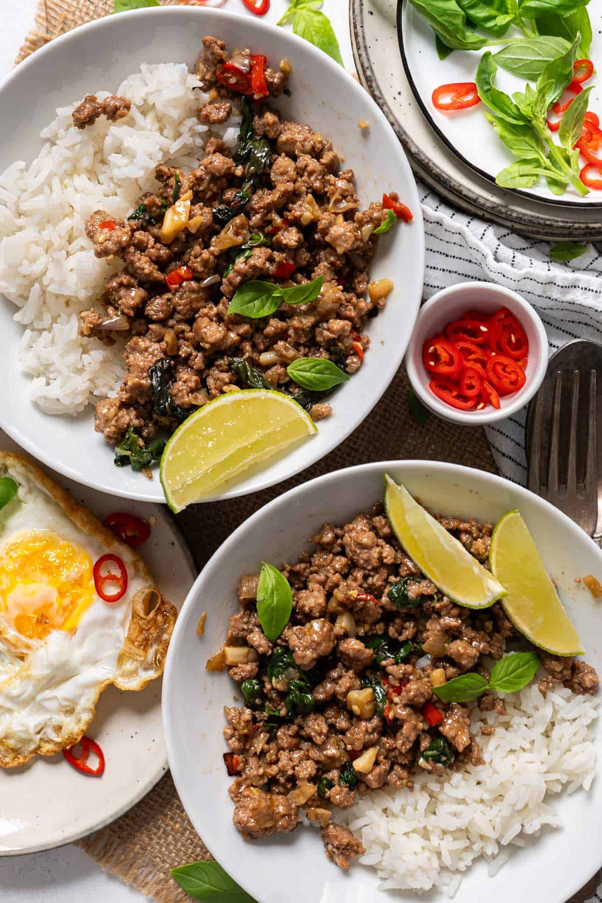 Thai basil beef served in two bowls.