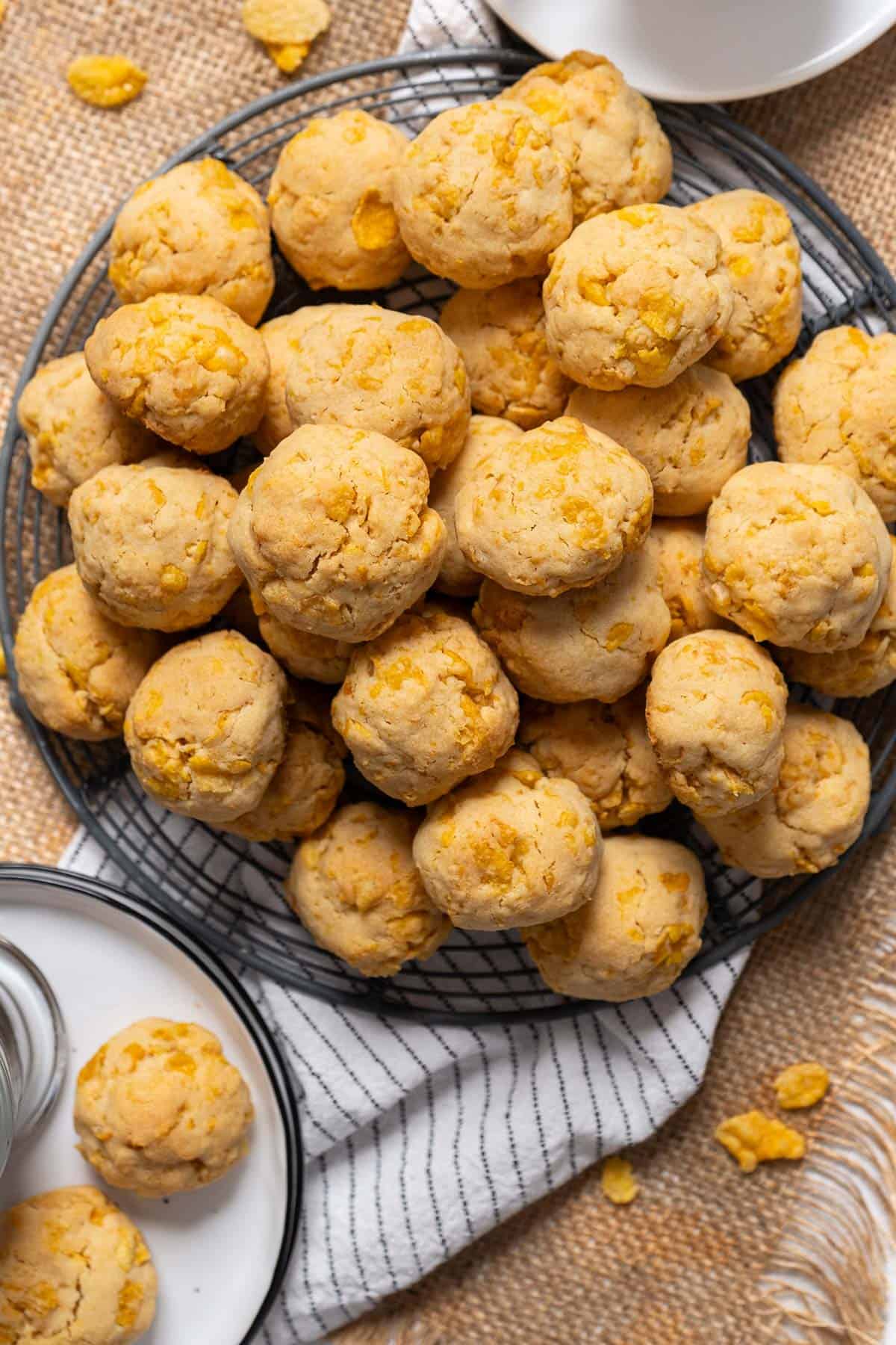 Cornflake cookies on a cooling rack.